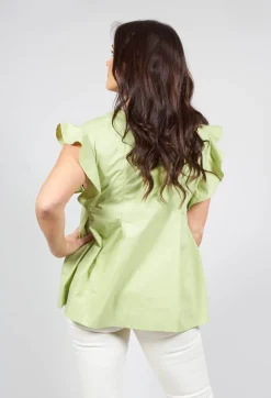 Green V Neck Shirt with Flounce Sleeves