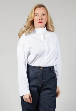 Half Button Through Shirt with Stand Collar in White
