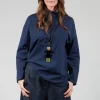 Half Button Through Shirt with Stand Collar in Dark Blue