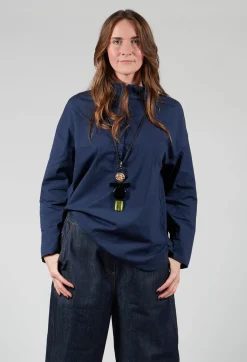 Half Button Through Shirt with Stand Collar in Dark Blue
