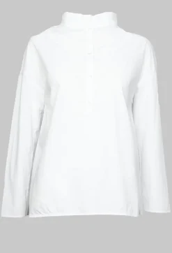 Half Button Through Shirt with Stand Collar in White