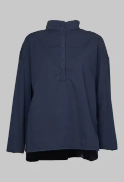 Half Button Through Shirt with Stand Collar in Dark Blue