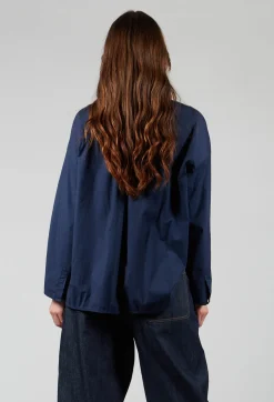 Half Button Through Shirt with Stand Collar in Dark Blue