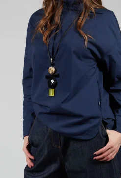 Half Button Through Shirt with Stand Collar in Dark Blue