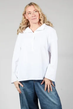 Half Button Through Shirt with Stand Collar in White