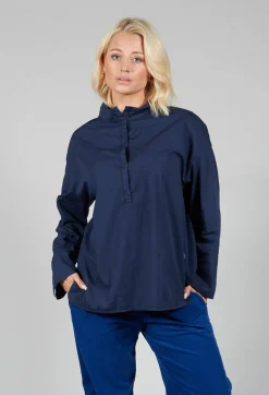 Half Button Through Shirt with Stand Collar in Dark Blue