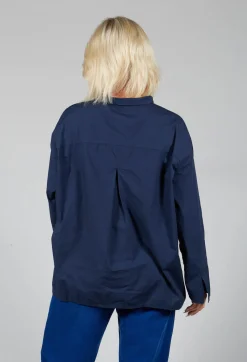 Half Button Through Shirt with Stand Collar in Dark Blue