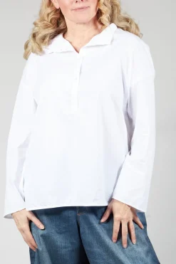 Half Button Through Shirt with Stand Collar in White