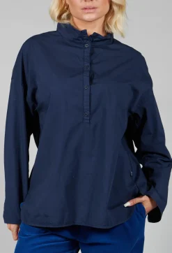 Half Button Through Shirt with Stand Collar in Dark Blue