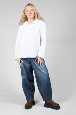 Half Button Through Shirt with Stand Collar in White