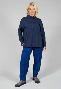 Half Button Through Shirt with Stand Collar in Dark Blue