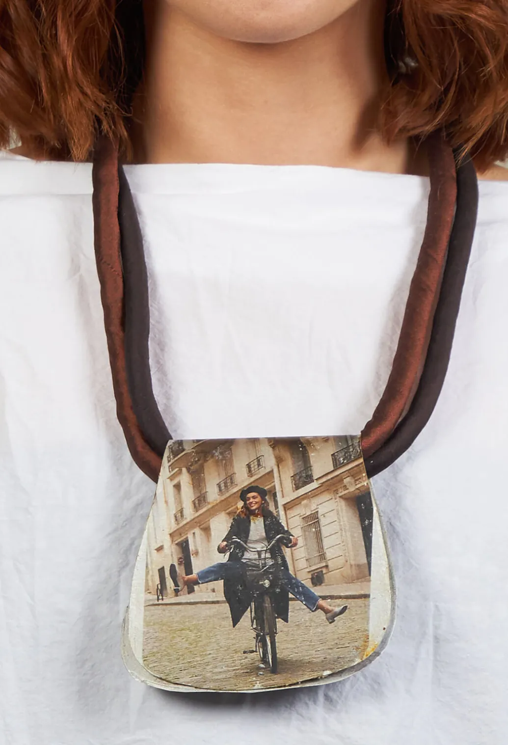 Handmade Fabric Necklace with Cyclist Graphic