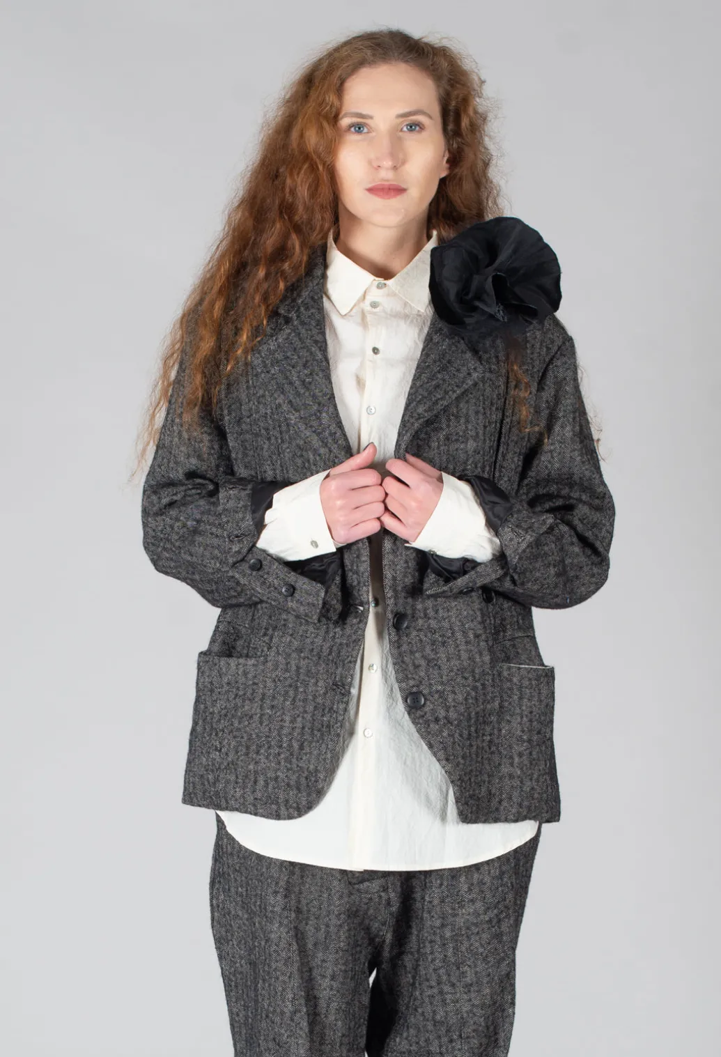 Herringbone Blazer with Front Split in Grey