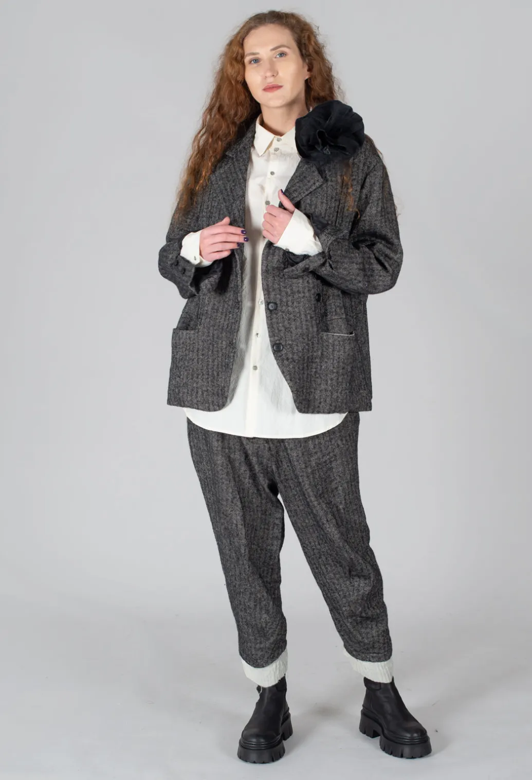 Herringbone Blazer with Front Split in Grey