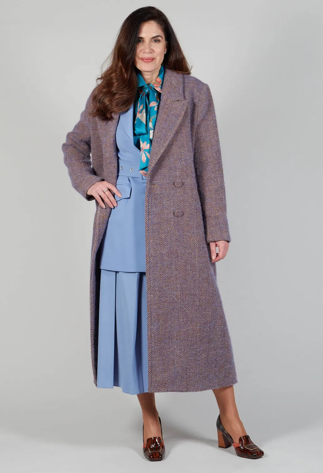 Herringbone Long Coat in Viola Purple