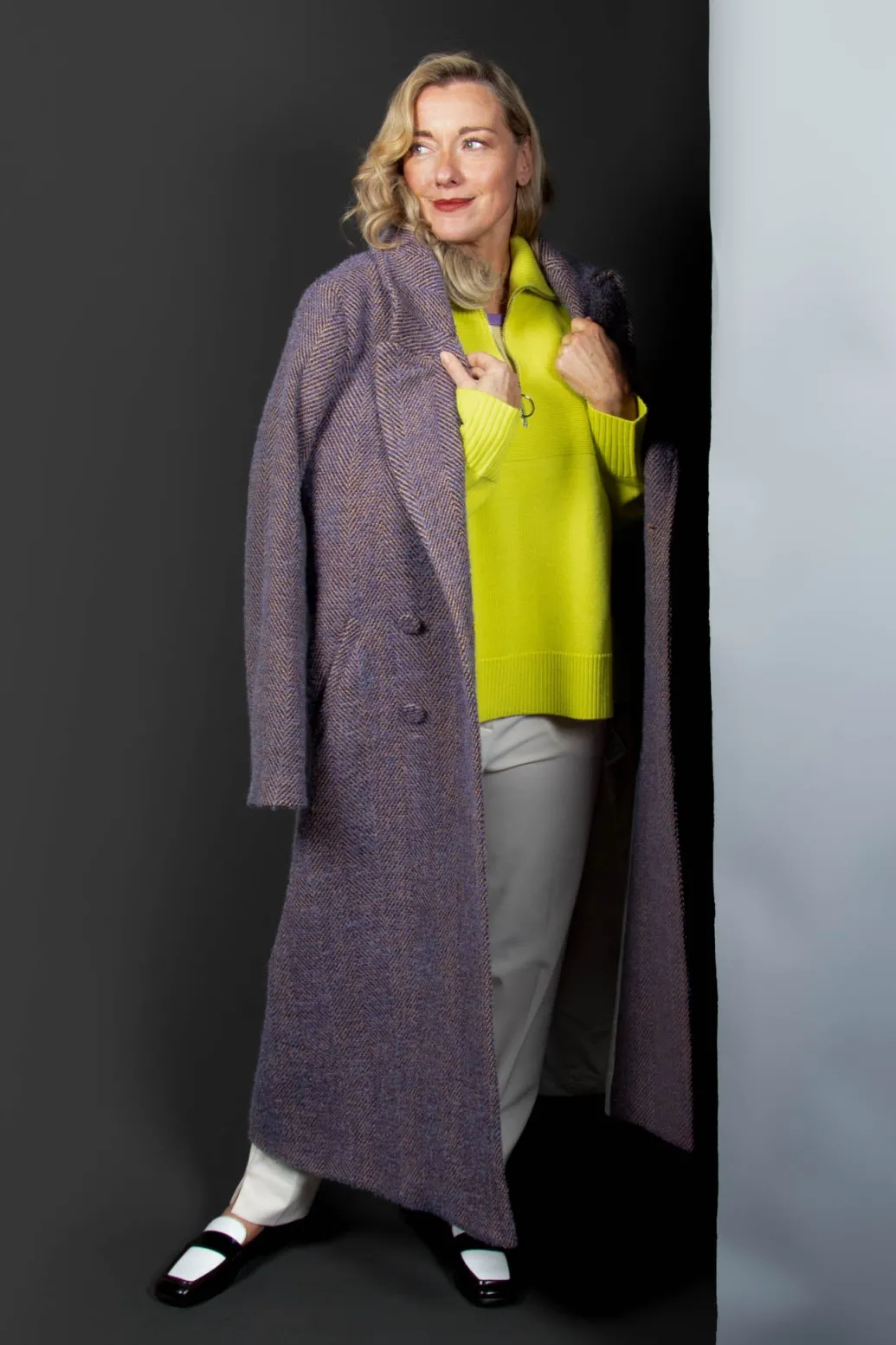 Herringbone Long Coat in Viola Purple