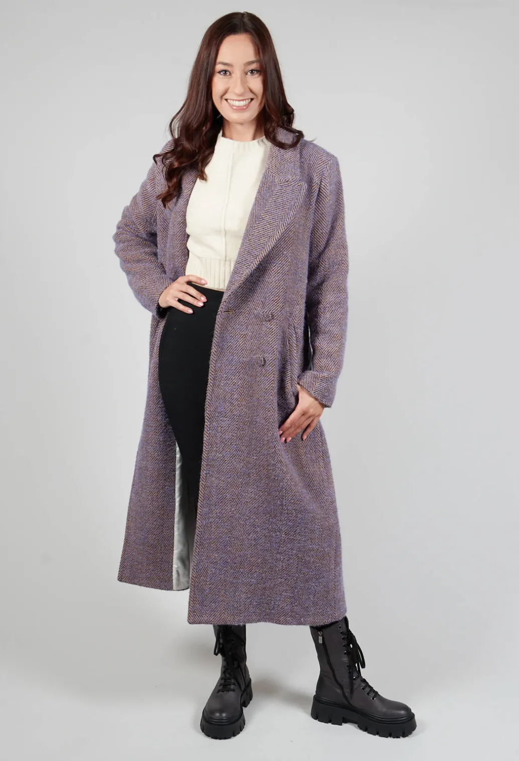 Herringbone Long Coat in Viola Purple