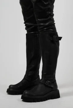 High Boots with Chunky Cleated Sole in Gasoline Nero