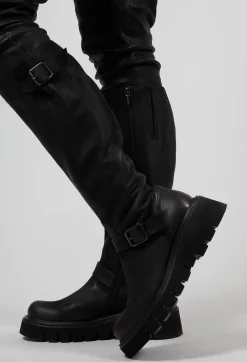 High Boots with Chunky Cleated Sole in Gasoline Nero