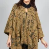 High Button Neck Poncho with Black Pattern Detail in Mustard