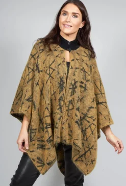 High Button Neck Poncho with Black Pattern Detail in Mustard
