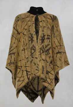 High Button Neck Poncho with Black Pattern Detail in Mustard