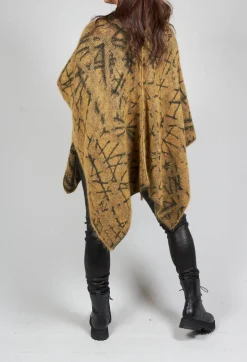 High Button Neck Poncho with Black Pattern Detail in Mustard