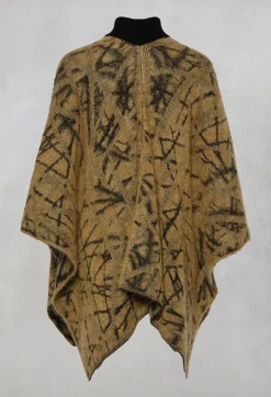 High Button Neck Poncho with Black Pattern Detail in Mustard