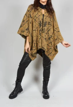 High Button Neck Poncho with Black Pattern Detail in Mustard