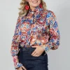 High Neck Blouse with Ruffle in Azarro Print
