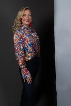 High Neck Blouse with Ruffle in Azarro Print