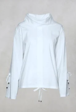 High Neck Blouse with Tie Detailed Sleeves in White