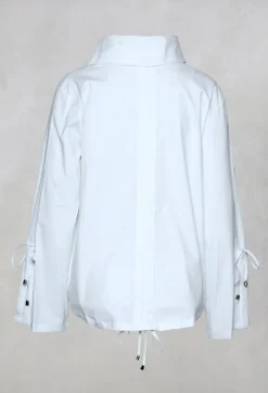 High Neck Blouse with Tie Detailed Sleeves in White