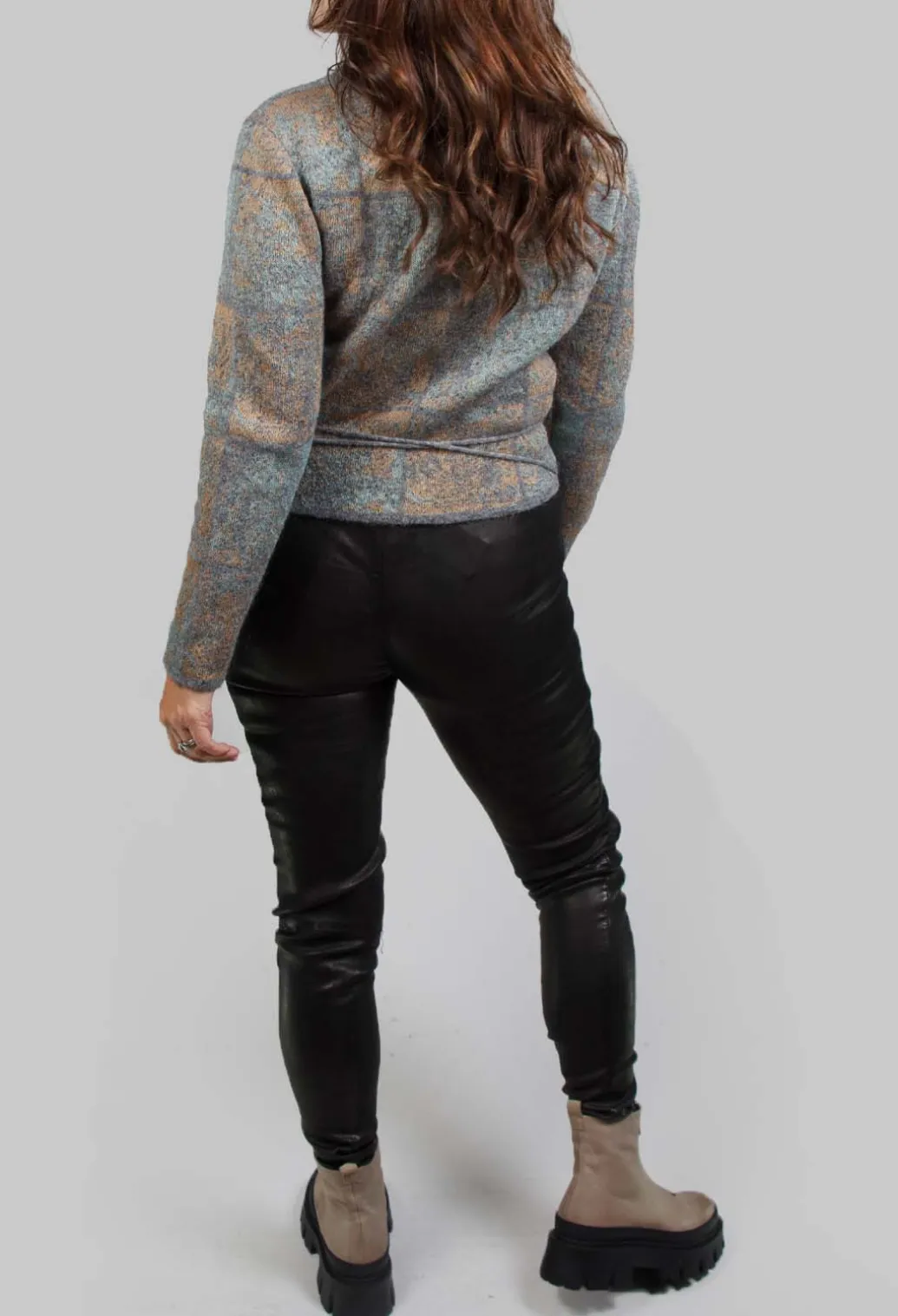 High Neck Jumper with Check Design in Grey Multicolour