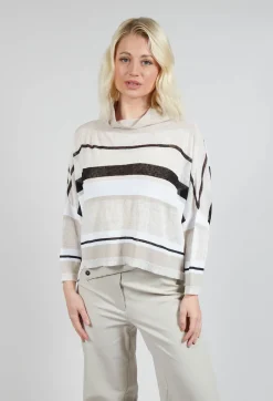 High Neck Knitted Top in Beige Stripe