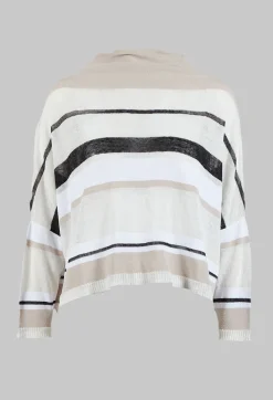 High Neck Knitted Top in Beige Stripe