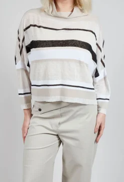 High Neck Knitted Top in Beige Stripe