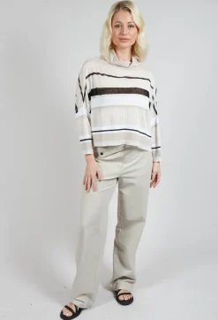 High Neck Knitted Top in Beige Stripe
