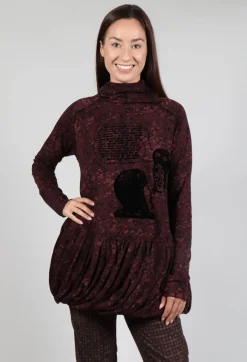 High Neck Top with Bubble Hem in Wood Flock Print