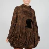 High Neck Top with Bubble Hem in Bronze Flock Print