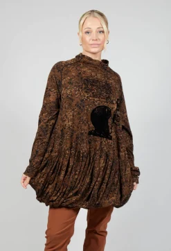 High Neck Top with Bubble Hem in Bronze Flock Print