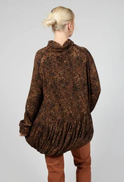 High Neck Top with Bubble Hem in Bronze Flock Print