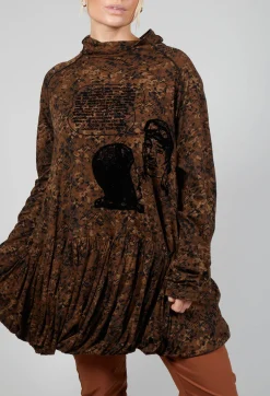 High Neck Top with Bubble Hem in Bronze Flock Print