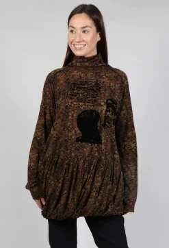 High Neck Top with Bubble Hem in Bronze Flock Print
