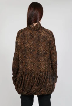 High Neck Top with Bubble Hem in Bronze Flock Print