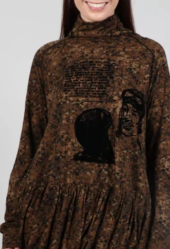 High Neck Top with Bubble Hem in Bronze Flock Print