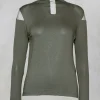 High Neck Top with Sheer Inserts in Khaki