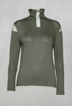 High Neck Top with Sheer Inserts in Khaki