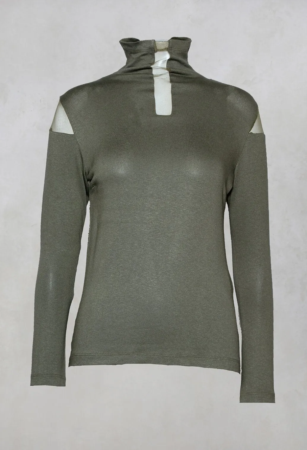 High Neck Top with Sheer Inserts in Khaki