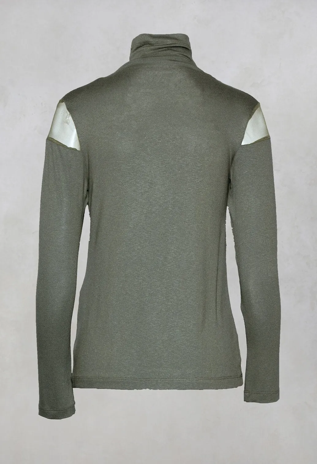 High Neck Top with Sheer Inserts in Khaki